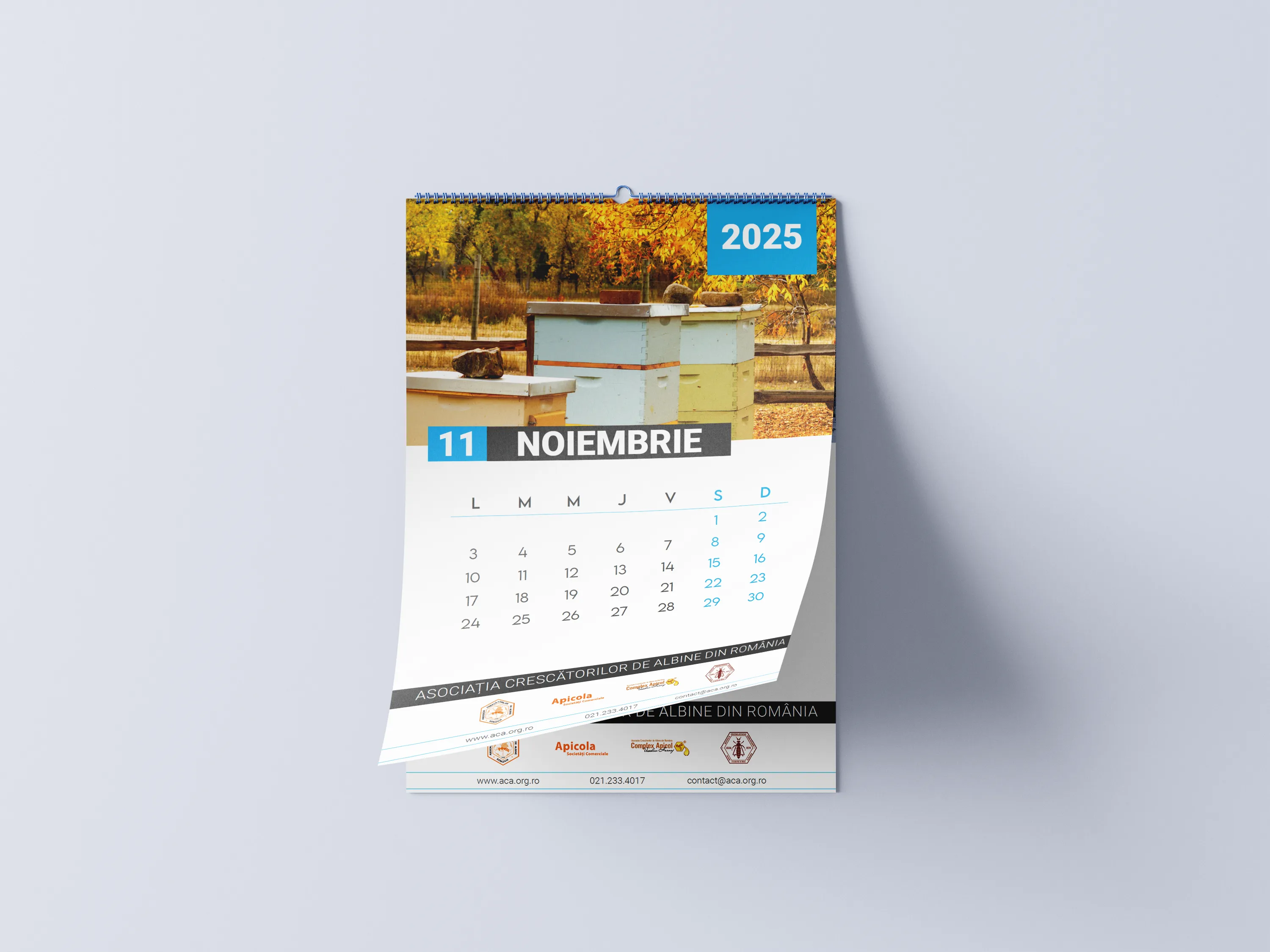 Calendar personalizat de perete pe un fundal alb, simbolizând utilitatea și brandingul