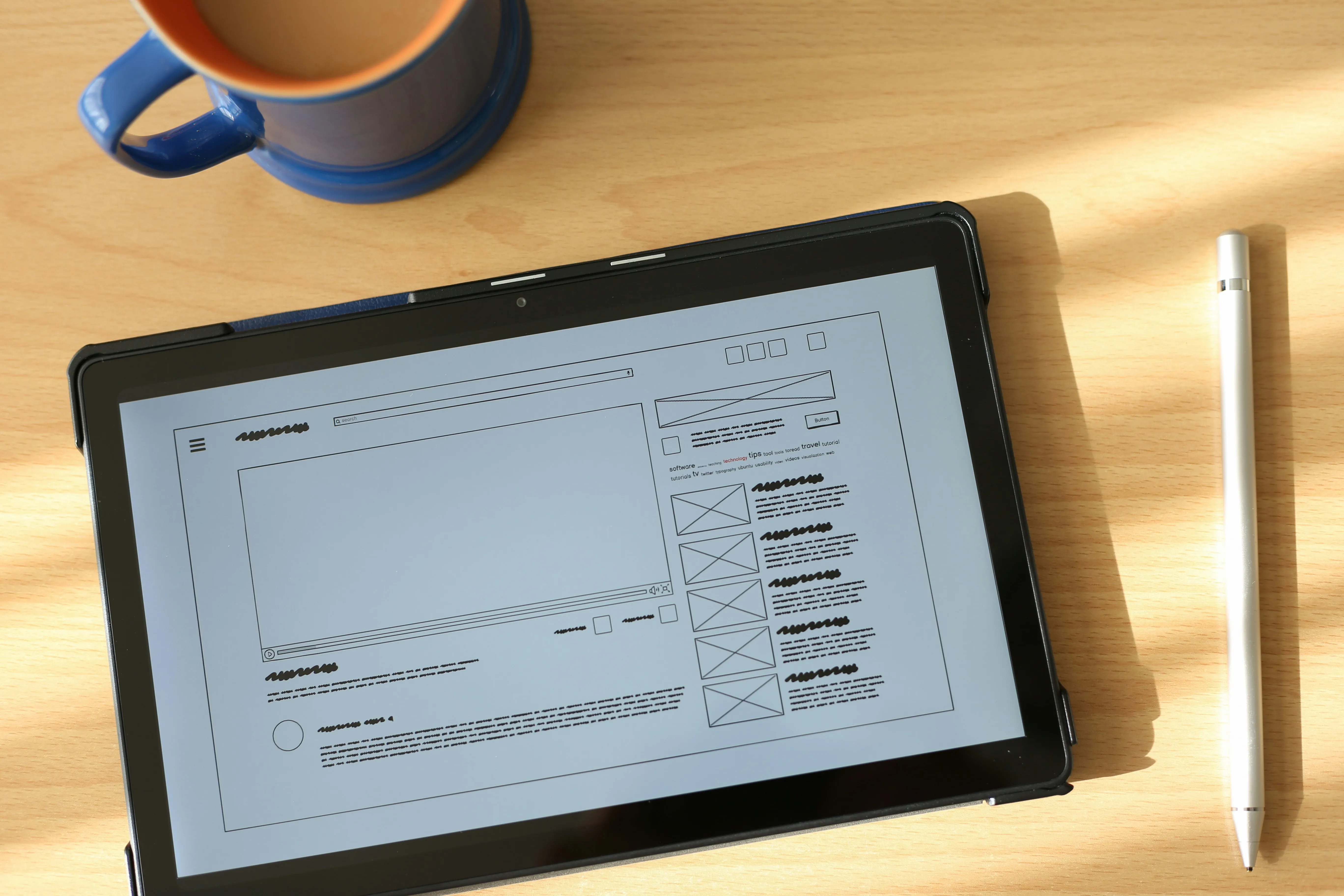 Imagine reprezentativă: un wireframe pe o tableta asezata pe un birou de lucru, cu elemente de design UX/UI clar definite, simbolizând o experiență digitală de succes și orientată spre conversii.